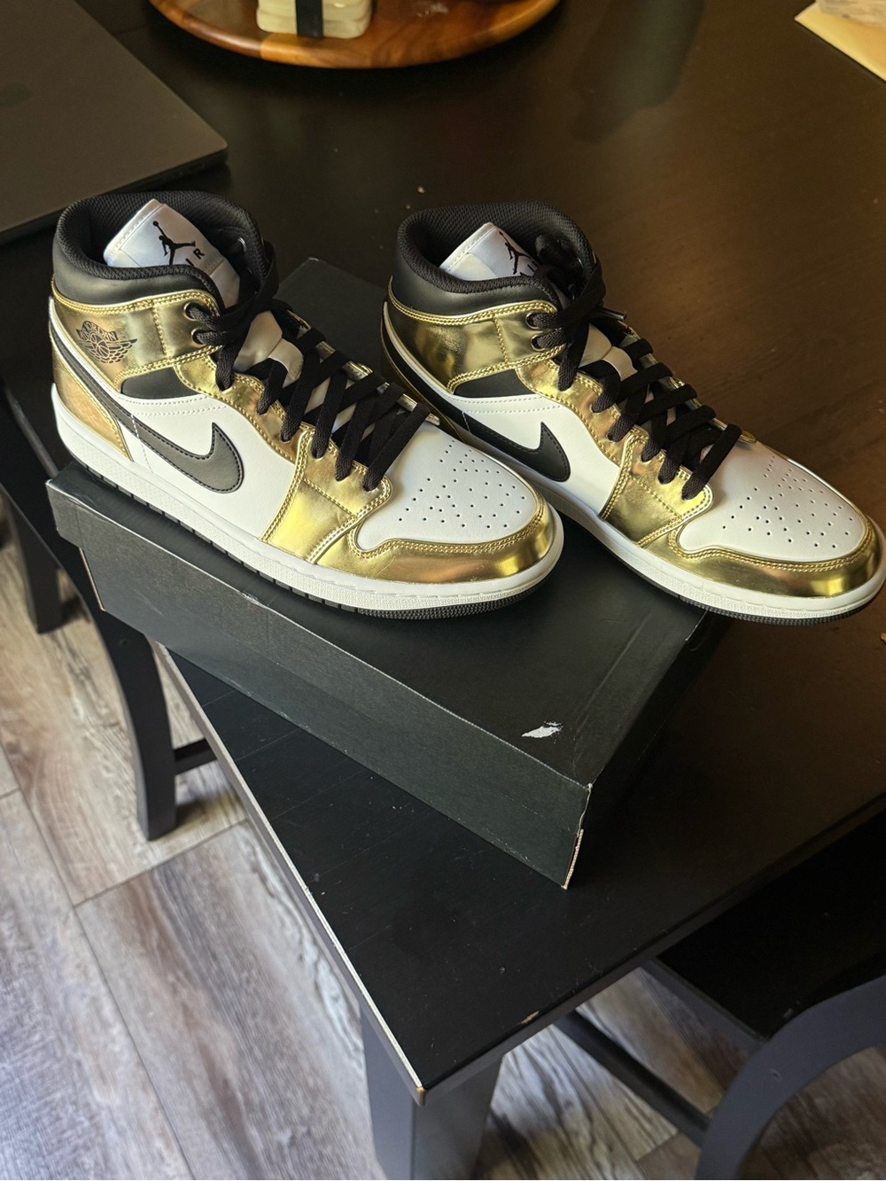 Jordan Metallic Gold, White & Black Mid-Top Sneakers
